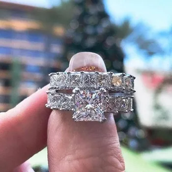 Derlius Žada Rng rinkinys Princess cut Diamond Cz 925 Sterlingas sidabro Dalyvavimas Vestuvių Juostoje Žiedai, moterų, vyrų, Šaliai, Papuošalai