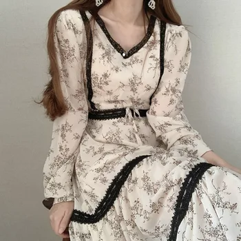 Kimutomo Elegantiška Vintage Suknelė Moterų V-kaklo, Nėriniai Kratinys Gėlių Spausdinti Plonas Juosmens Suknelė Mados Korėja Chic Pavasario Rudens 2021