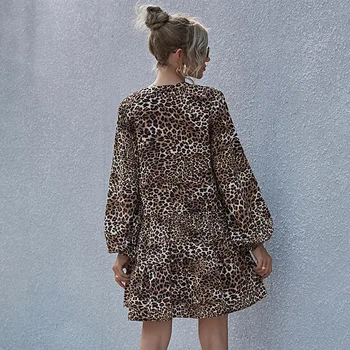 Rudenį, Žiemą Leopard Print Suknelė Moterų 2020 M. Naujų Raukiniai Aukšto Juosmens Visą Rankovės Linijos Suknelė Moterų Atsitiktinis