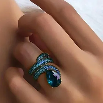USTAR Gyvatė žiedai moterims bižuterijos Mėlyna Žalia kubinis cirkonis piršto žiedai moterų bague šaliai, Papuošalai