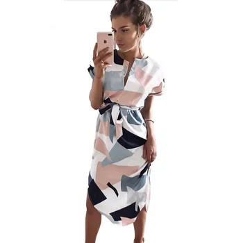 Vasaros Stiliaus Suknelė 2018 Atsitiktinis Nesimetriškas Geometrinis Spausdinimo Trumpas Varčios Kelio Ilgio Suknelė, O Kaklas Elegantiškas Moterų Suknelės