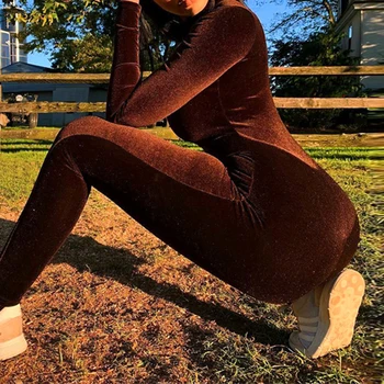 ArtSu 2020 Aksomo ilgomis Rankovėmis su Užtrauktuku Bodycon Seksualus Jumpsuit Rudens Žiemos Moterų Mados Streetwear Komplektus Jumper JU52031