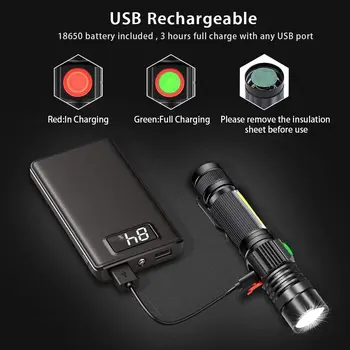 10000LM T6+Cob fakelas USB įkraunamas LED žibintuvėlis 4 apšvietimo režimas priartinimo galiniai magnetas priežiūros kempingas naudoja 18650 bateriją