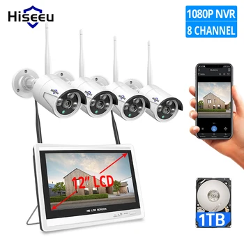 1080P 8CH Wireless CCTV Saugumo kamerų Sistema, H. 265 12 Colių LCD Ekranas, NVR, WIFI Lauko IP Kamera 2MP, 1T HDD