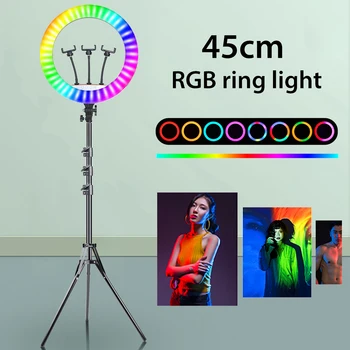 18inch 45cm Vaivorykštė RGB Šviesos Žiedas Pritemdomi Selfie Lempa Su Profissional Trikojis Stovas Telefono Įrašą Turėtojas Live Fotografija Žibintai