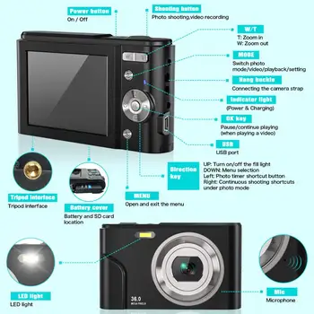 2,4 colių 36MP 1080P Vaikų Nešiojamų Mini Skaitmeninis Fotoaparatas 16X Priartinimo TFT LCD Ekranas Vaizdo Kamera Anti-Shake Foto Kamera