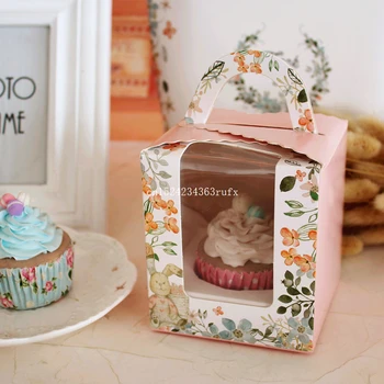 200pcs Triušis Cupcake Dėžės su langas su rankena macaroon box/blynai dėžutę
