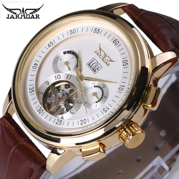 2017 JARAGAR Vyrų Automatinis laikrodis, Mechaninis laikrodis natūralios Odos Dirželis vyriški Laikrodžiai Prabangos Prekės Aukso Dizaino Laikrodžiai