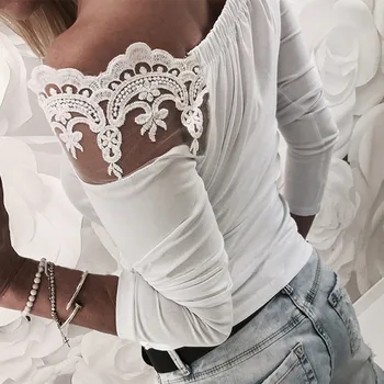 2018 Sexy Nėrinių Palaidinė Marškinėliai Moterims ilgomis Rankovėmis Gėlių Baltos Palaidinės, Moterų Topai Elegantiškas Mados Palaidinė Marškinėliai blusas femme