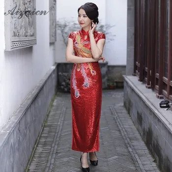 2019 Juoda Blizgančiais Phoenix Cheongsam Ilgos Suknelės Chinoise Apykaklės Qi Pao Moterų Kinų Tradicinė Suknelė Qipao Vintage Suknelė