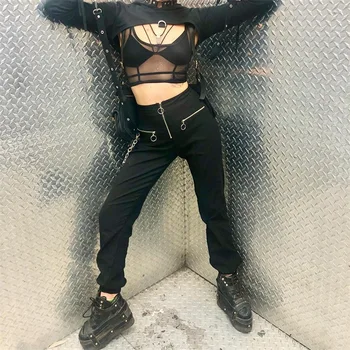 2019 Naują Pavasario Rudens Moterys Harajuku Punk hiphop Streetwear Krovinių Kelnės Poilsiu Juoda Kišenėje Haremo Kelnės Moteriškos Kelnės
