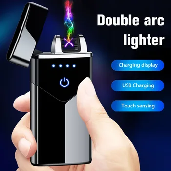 2020 Dual Lanko USB Elektros Lengvesni LED ScreenTouch Gaisro plazminius, Žiebtuvėlio Vėjo Metalo Suvenyrinis Žiebtuvėlis Mens Dovana
