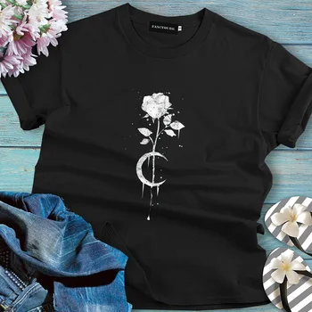 2020 Gotikos Stiliaus, Juodos spalvos trumpomis Rankovėmis T-shirt Moterų Padidėjo Mėnulis Spausdinti Priežastinis Tee Moterims T Shirts O-kaklo Vasaros Gatvės Unisex Viršų