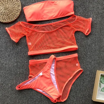 2020 Juoda aukšto juosmens bikinis Bandeau maudymosi kostiumėlį moterų Tinklinio maudymosi kostiumas moterims Push up sexy maudymosi kostiumėliai, Reguliuojamas bikini komplektas