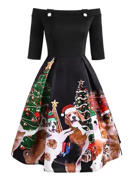 2020 Kalėdų Dress Rudens Žiemos Mielas Šuo Spausdinti Moterų Retro Suknelė Seksualus Off Peties Šalis Suknelė Ponios Midi Derliaus Vestidos