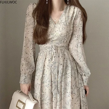 2020 M. Rudenį Pagrindinio Ilga Suknelė Ilgomis Rankovėmis V-Kaklo Gėlių Spausdinti Retro Derliaus Linija Moterų Suknelės, Elegantiškos Korėja Mados Vestidos