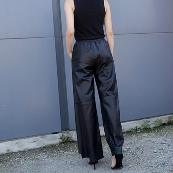 2020 Mados Moterų Rudens, Žiemos, Juoda Originali Oda Avikailis Palaidi Tinka Plati Koja Pants Kelnės Elastingos Juosmens Pantalon Femme