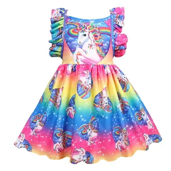 2020 Mergaitės Vaikams Skristi Rankovių Vasaros Suknelė Mergaitėms Prined Vienaragis Suknelės Vaikams, Drabužiai Kūdikiams Mergaitė Princesė Dress Komplektai