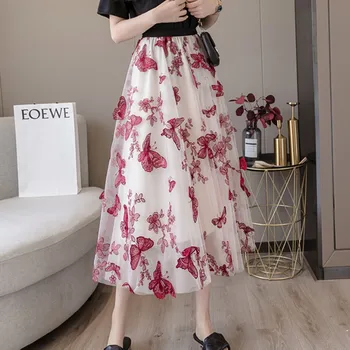 2020 Naujas Vasaros Streetwear Elastinga juosmens 3D Drugelis siuvinėjimo gėlės gazas sijonas seksualus, Elegantiškas Lady Midi Sijonai