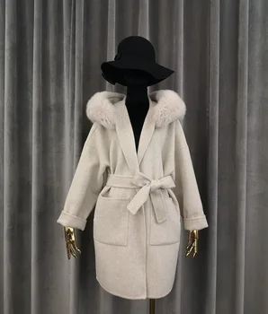 2020 Prekės ženklas žinomas Nekilnojamojo Kašmyras vilnonis Paltas Su nekilnojamojo Fox Fur Hoodie nekilnojamojo kailinius abrigos para mujer