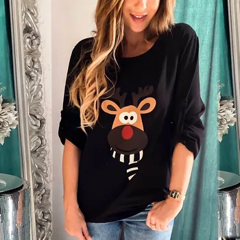 2020 m. Palaidinukės Mielas Gelsvai Briedžių Spausdinti suristi Rankovėmis Tee Marškinėliai Tee Viršūnes Palaidinė Kalėdų Moterų рубашка
