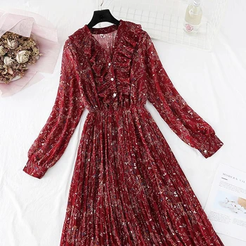 2020 m. Pavasarį, Vasarą, Plisuotos Šifono Suknelės Moterims Derlius V-kaklo Ruffles Ilga Suknelė ilgomis Rankovėmis Gėlių spausdinti Office Suknelė Vestido