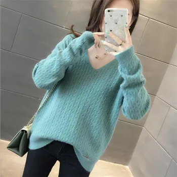2020 m. pavasarį naujas V-kaklo vientisos spalvos twist megztinis dugno marškinėliai megztinis megztinis moteriška prarasti ilgomis rankovėmis laukinių banga