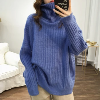 2020 m. Žiemos Naujų korėjos Versija Moterų Golfo Hoodie Džemperis Šiltas Megztinis Atsitiktinis Palaidų su Peties Rankovės Šilumos Megztinis