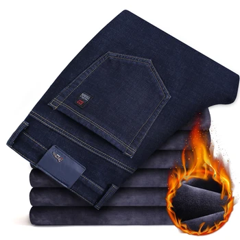 2020 m. žiemos naujas vyrų black/blue šiltas, storas, slim-fit džinsai verslo mados atsitiktinis džinsinio audinio kelnės fleece ruožas prekės kelnės