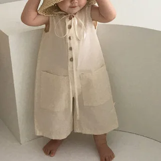2020 metų vasaros korėjos vaikų drabužiai nauji berniukų ir mergaičių Han Ventiliatorius grynos medvilnės tiesios kelnės dirželis mygtukai atsitiktinis jumpsuit