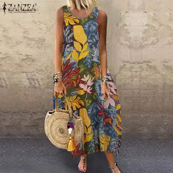 2021 ZANZEA Moterys Vasarą Bohemijos Gėlių Spausdinti Ilga Suknelė Vintage Rankovių Paplūdimio Vestido Sarafans Sundress Plius Dydis Suknelė 7