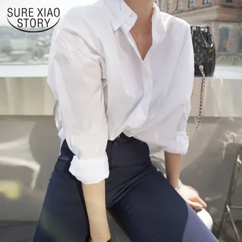 2021 m. Pavasarį Korėja Stiliaus Moteris Kietas Turn-žemyn Apykaklės Balti Marškiniai Batwing Rankovėmis Mygtuką Aukštyn Ilgas Palaidinė Feminina Prarasti Blusa Naujas