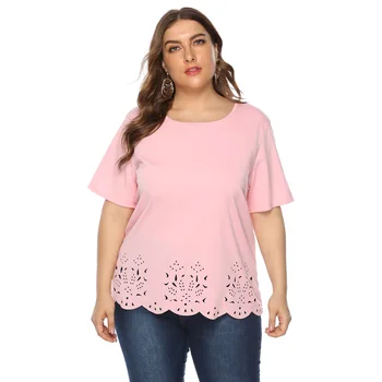 2021 naujas vasaros plius dydis viršūnes moterų didelės trumpas rankovės prarasti atsitiktinis tuščiaviduriai dėmesį, O kaklo T-shirt rožinė geltona 4XL 5XL 6XL 7XL
