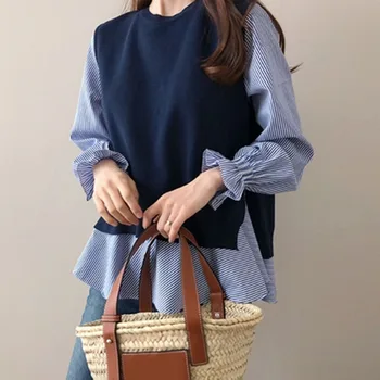 2VNT Moterų Clothings Rudenį Susiėmę Long Sleeve T-Shirt Ir Megzti Juoda Liemenė Nauja Moterų-Dviejų dalių kostiumėlį Japonijos Atsitiktinis Viršūnės