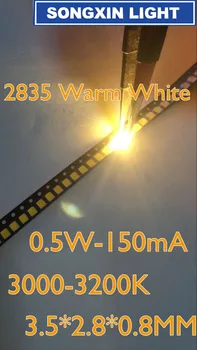 4000pcs 2835 Šiltai Balta SMD LED Lustu 0,5 W 3V 150mA 50-55LM Itin Šviesus SMT Paviršinio montavimo šviesos diodu (LED) Šviesos Diodų Lemputė