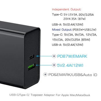 87W mini Sieninis Įkroviklis USB C PD 65W 45W QC3.0 C TIPO 