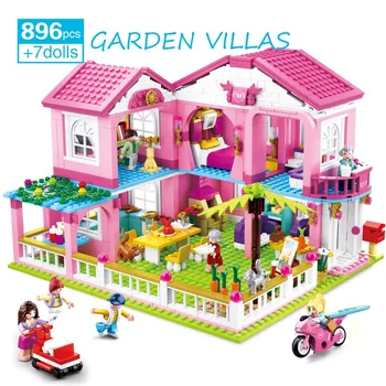 896Pcs Mergaitėms, Rausvos spalvos, Garden Villa Modelio Blokai Princesė Doll House 