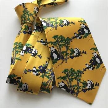 9cm Naujų Dizainerių Vyrų Gyvūnų Necktie Geltono Aukso su Miela Panda Bambuko Raštas
