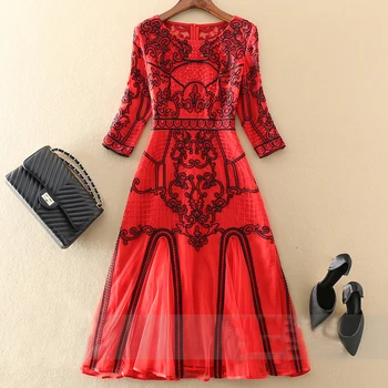AELESEEN Dizaineris Elegantiška Suknelė Mados kilimo ir tūpimo Tako Nauja Sidabrinė Raudona Rožinė Gėlių Siuvinėjimas Midi Elegantiškas Šalis Atostogų Suknelė Vestidos