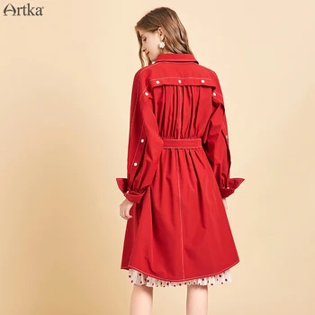 ARTKA 2019 m. Rudenį Naujų Moterų Aprangos Mada Raudona Trench Coat 