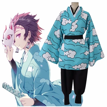Anime Demon Slayer Kimetsu nr. Yaiba Kamado Tanjirou Urokodaki Sakonji Cosplay Kostiumų Dangus Mėlynas Kimono Vienodas Helloween Apranga