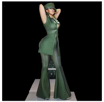 Armijos Žalioji Seksualus 3 Gabalus Nustatyti Moterų, Dainininkė, Šokių Apranga Festivalis Kostiumas Europos Stiliaus Naktinis Klubas Etape Dėvėti (Hat+Viršūnes+Kelnės)