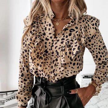 Atsitiktinis Leopard Dot Spausdinti Pynimas Palaidinė Marškinėliai Rudens Žiemos Ilgomis Rankovėmis Marškinėliai Moterims Elegantiškas Office Lady V-Kaklo Mygtuką Viršūnes Blusa