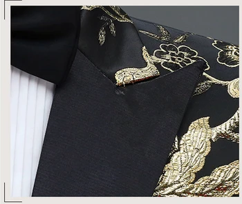 Aukso Žiedų Paukščių Siuvinėjimo Suknelė Tiktų Vyrų Slim Fit Vieno Mygtuko Mens Kostiumai, Kelnės Su Etape Prom Vestuvių Jaunieji Kostiumas Homme 4XL