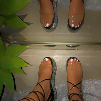Aukštos kokybės rankų darbo vientisos spalvos plius dydis moterų sandalai Mados seksualus romos kalnų krištolas kryžiaus dirželiai platforma Kietas sandalai
