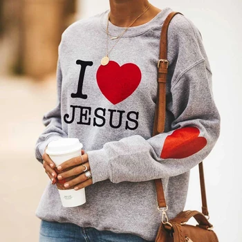 Aš Myliu Jėzaus Širdies Spausdinti ilgomis Rankovėmis Megztinis Moterų Atsitiktinis Marškinėlius Apvalios Kaklo Megztinis Viršuje J55