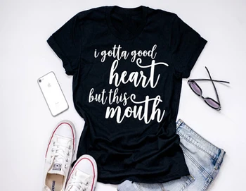 Aš turiu gerą širdį, bet ši burną, T-Marškinėliai Moterims Laišką Išspausdinti O-Kaklo Prarasti Plius Dydis-trumpomis Rankovėmis Laisvalaikio dovana, juokinga Viršų Moteriška
