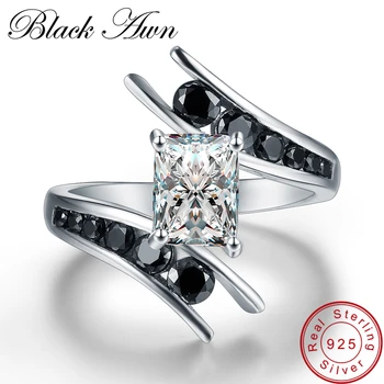 [BLACK PELAS] Fine Jewelry 3.9 Gramas Originali 925 Sterlingas Sidabro Eilės Juodasis Akmuo Sužadėtuvių Žiedai Moterims Bague C299