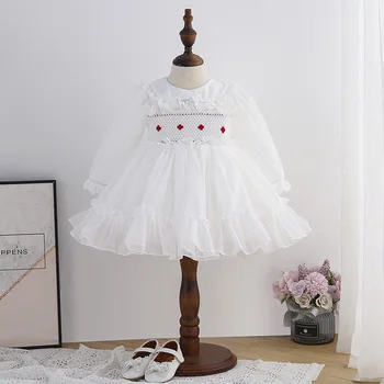 Baby Girl Smocked Balta Suknelė Vaikų Rankų darbo Raukiniais Suknelės Vaikams ispanijos Siuvinėjimo Frocks Rudenį kūdikių Boutique Drabužių