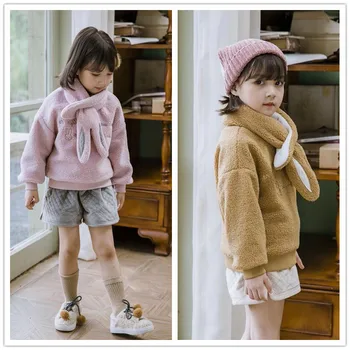 Baby girl žiemos solft aksominis džemperis+mielas triušis skara,mergaitėms, vaikams, 2vnt drabužiai vaikams kailis